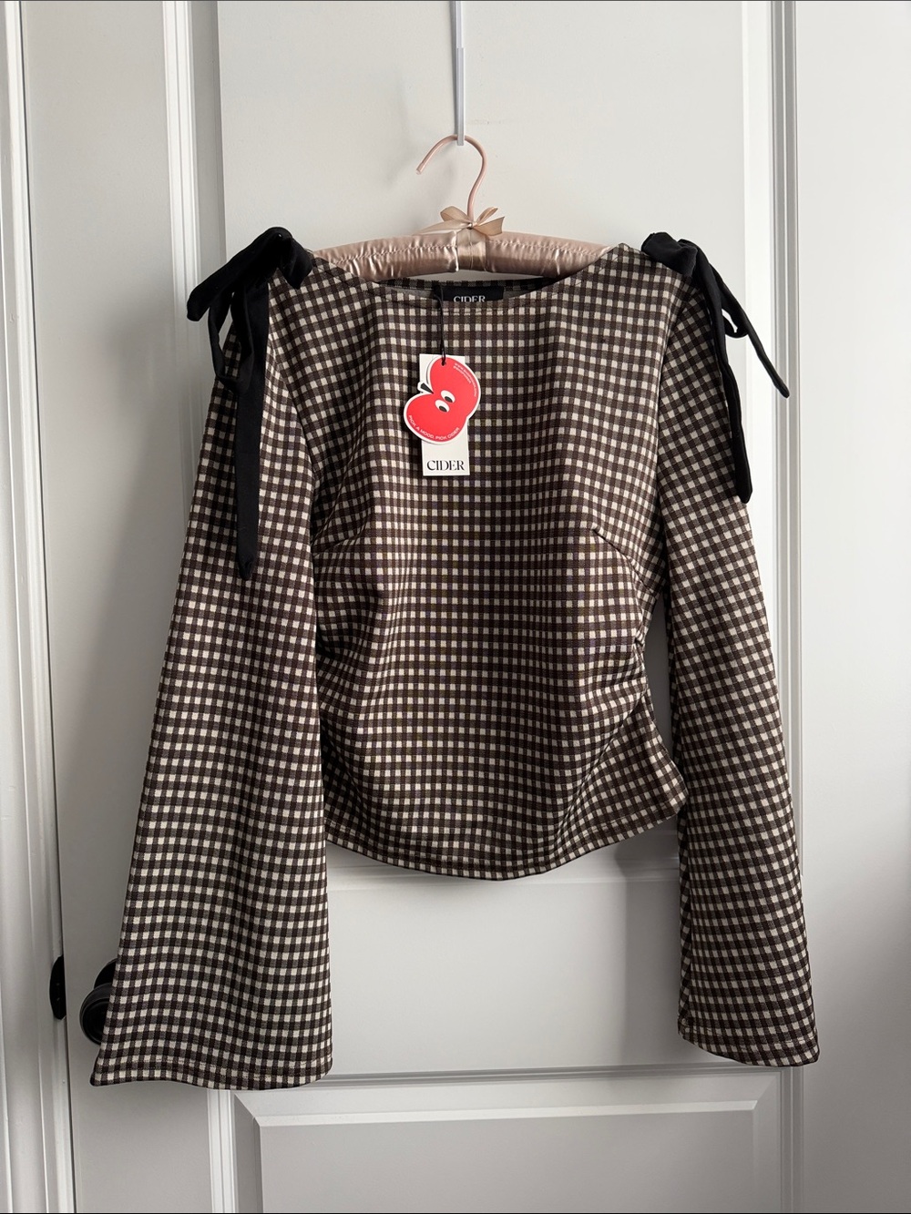 Fall Boat neck gingham bow knot